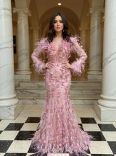 Pink Deep V-Neck Mermaid Long Evening Dress with Long Sleeves