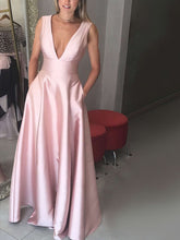 Pink Deep V-Neck Satin A-Line Long Prom Dress with Pockets