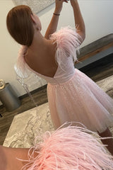 Pink Deep V-Neck Sequin A-Line Homecoming Dress with Feathers Back View