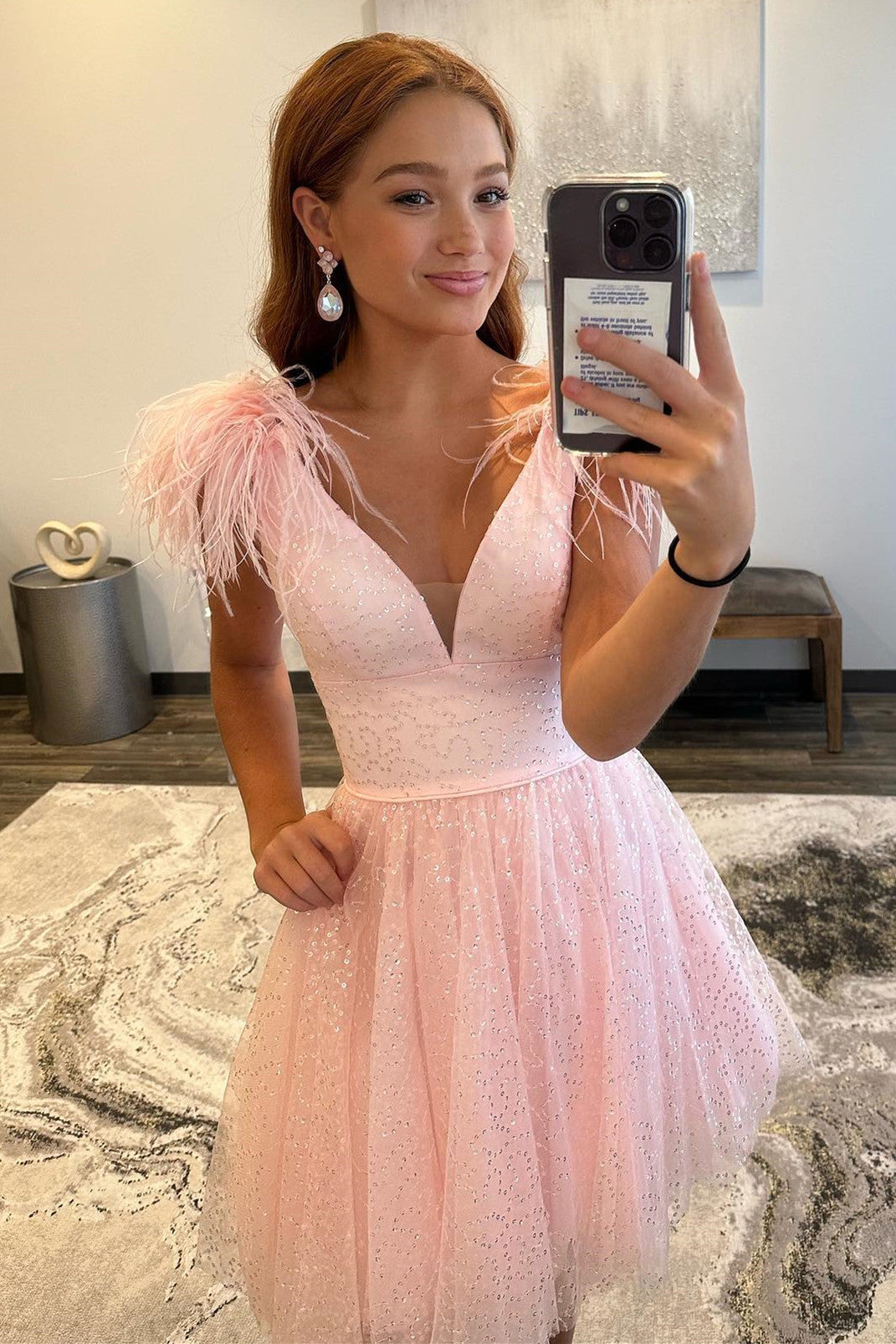 Pink Deep V-Neck Sequin A-Line Homecoming Dress with Feathers