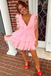 Pink Deep V-Neck Tulle A-Line Homecoming Dress with Ruffles