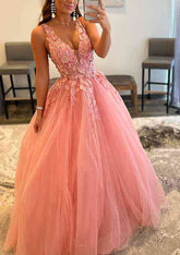 Pink Deep V-Neck Tulle A-Line Long Prom Dress with Lace Appliques