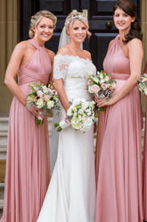 Pink Halter A-Line Long Bridesmaid Dress with Ruching