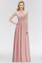 Pink Halter Chiffon A-Line Long Bridesmaid Dress with Lace Appliques