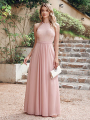 Pink Halter Chiffon A-Line Long Bridesmaid Dress with Lace Appliques