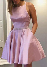 Pink Halter Satin A-Line Homecoming Dress with Pockets