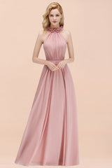 Pink High Neck Chiffon A-Line Long Bridesmaid Dress