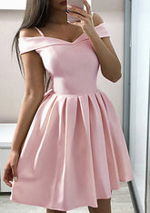 Pink Off The Shoulder A-Line Homecoming Dress with Pleats