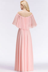 Pink Off The Shoulder Chiffon A-Line Long Bridesmaid Dress Back View