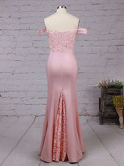 Pink Off The Shoulder Mermaid Long Prom Dress with Lace Appliques and Sweep Train Back View