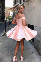 Pink Off The Shoulder Satin A-Line Homecoming Dress