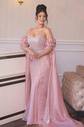Pink Off The Shoulder Sequin Mermaid Long Evening Dress