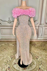 Pink Off The Shoulder Sheath Long Evening Dress with Slit
