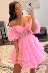 Pink Off The Shoulder Tulle A-Line Homecoming Dress
