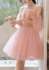 Pink Off The Shoulder Tulle A-Line Homecoming Dress with Floral Details