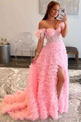 Pink Off The Shoulder Tulle A-Line Long Prom Dress with Slit