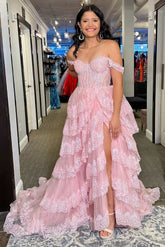 Pink Off The Shoulder Tulle A-Line Long Prom Dress with Slit and Lace Appliques