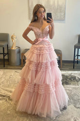 Pink Off The Shoulder Tulle Ball Gown Long Prom Dress with Lace Appliques