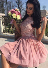 Pink Scoop Neck A-Line Homecoming Dress with Lace Appliques