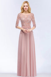 Pink Scoop Neck Chiffon A-Line Long Bridesmaid Dress