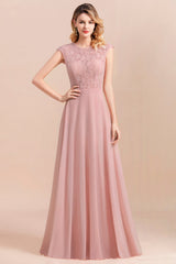Pink Scoop Neck Chiffon A-Line Long Bridesmaid Dress with Cap Sleeves