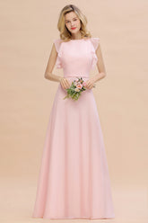 Pink Scoop Neck Chiffon A-Line Long Bridesmaid Dress with Ruffles