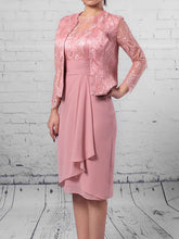 Pink Scoop Neck Chiffon Sheath Mother of the Bride Dress with Long Sleeves