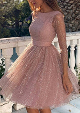 Pink Scoop Neck Sequin A-Line Homecoming Dress with Long Sleeves