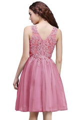 Pink Scoop Neck Tulle A-Line Bridesmaid Dress with Lace Appliques Back View