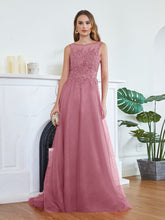 Pink Scoop Neck Tulle A-Line Long Bridesmaid Dress