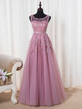 Pink Scoop Neck Tulle A-Line Long Prom Dress with Lace Appliques
