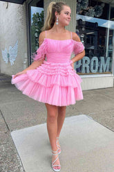 Pink Spaghetti Strap Tulle A-Line Homecoming Dress