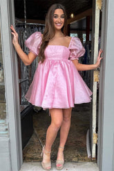 Pink Square Neck Organza Empire Homecoming Dress