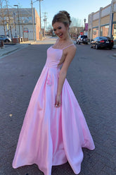 Pink Square Neck Satin A-Line Long Prom Dress with Pockets