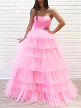 Pink Strapless Tulle Ball Gown Long Prom Dress with Ruffles