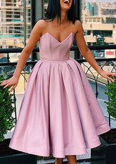 Pink Sweetheart Satin A-Line Homecoming Dress with Pleats