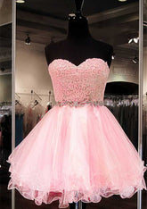 Pink Sweetheart Tulle A-Line Homecoming Dress with Lace Appliques