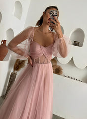 Pink Sweetheart Tulle A-Line Long Prom Dress with Long Sleeves and Ruching Bodice Detail
