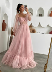 Pink Sweetheart Tulle A-Line Long Prom Dress with Long Sleeves and Ruching
