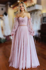 Pink Sweetheart Tulle Two Piece Long Prom Dress with Long Sleeves