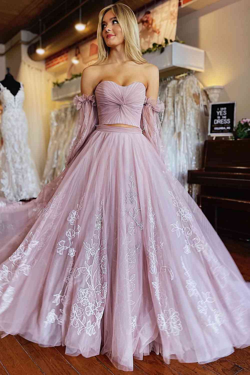 Pink Sweetheart Tulle Two Piece Long Prom Dress with Long Sleeves