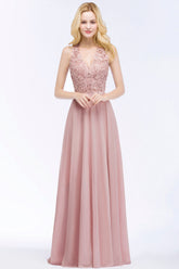 Pink V-Neck Chiffon A-Line Long Bridesmaid Dress with Lace Appliques and Pearls