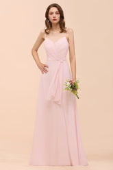 Pink V-Neck Chiffon A-Line Long Bridesmaid Dress with Ruching