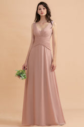 Pink V-Neck Chiffon A-Line Long Bridesmaid Dress with Ruching