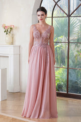 Pink V-Neck Chiffon A-Line Long Prom Dress with Lace Appliques