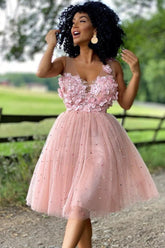 Pink V-Neck Tulle A-Line Homecoming Dress with Floral Details and Pearls