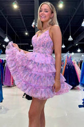 Pink V-Neck Tulle A-Line Homecoming Dress with Floral Details and Ruffles