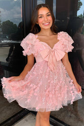 Pink V-Neck Tulle A-Line Homecoming Dress with Floral Details