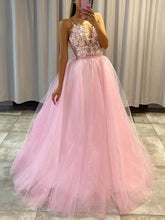 Pink V-Neck Tulle Ball Gown Long Prom Dress with Lace Appliques