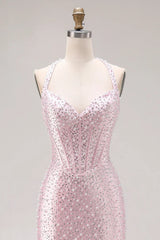 27Dress Pink Halter Sequin Mermaid Sleeveless Long Prom Dress with Split